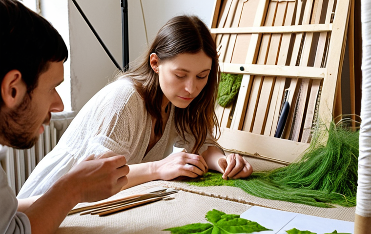 **
A vibrant, hands-on eco-design workshop scene. Participants are actively engaged, examining bio-sourced materials like linen and hemp. Include tools and prototypes, emphasizing the collaborative and creative atmosphere. The style should be modern and inspiring, with a focus on sustainability. The setting should evoke a Parisian atelier vibe.
**