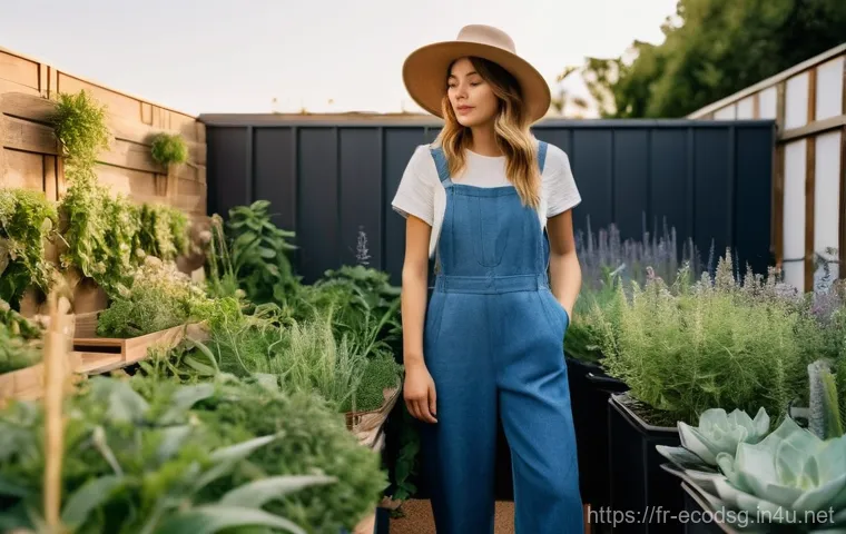 에코디자인 전문가의 도전과 성과 - **Sustainable Urban Fashion:** A confident young woman, approximately 18 years old, stands in a vibr...