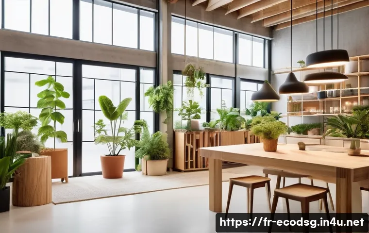 에코디자인과 3D 프린팅 기술 - A modern sustainable design studio interior showcasing eco-friendly materials and 3D printing techno...